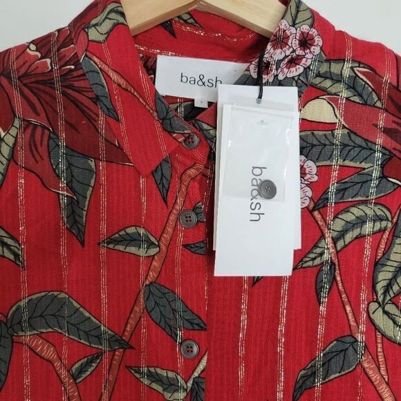 NWT ba&sh Petunia Floral-Print Metallic Jacquard Shirt in Rouge - Picture 7 of 12